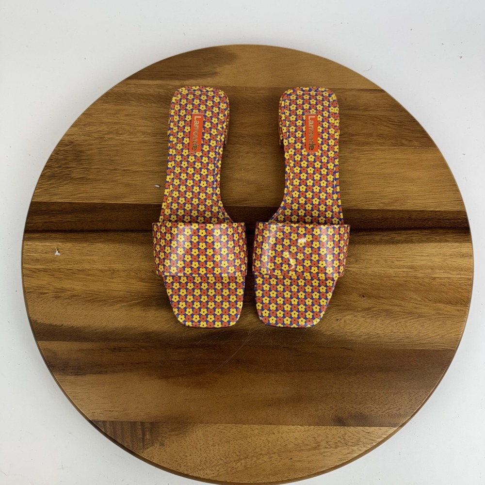 New Womens Larroude Athena Orange Blue Floral Heeled Slide Sandals Size 7 M NWOB